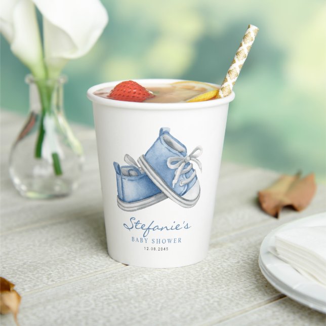 Watercolor Blue Baby Booties Baby Shower Paper Cups (Insitu)
