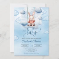 Watercolor blue baby bunny on swing in the sky