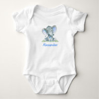 Watercolor Blue Baby Elephant on Greenery