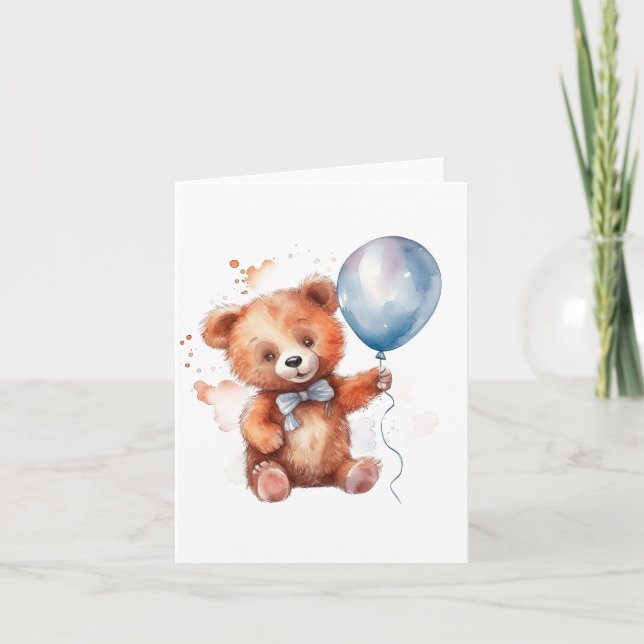 Watercolor Blue Balloon Bear Card (Front)