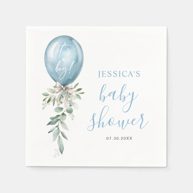 Watercolor Blue Balloon Bow Greenery Baby Shower Napkin (Front)