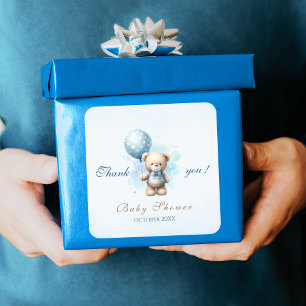 Watercolor Blue Balloon Teddy Bear Baby Shower Square Sticker