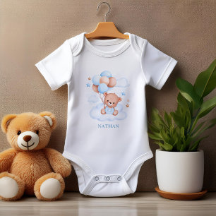 Watercolor Blue Balloon Teddy Bear Personalized Baby Bodysuit