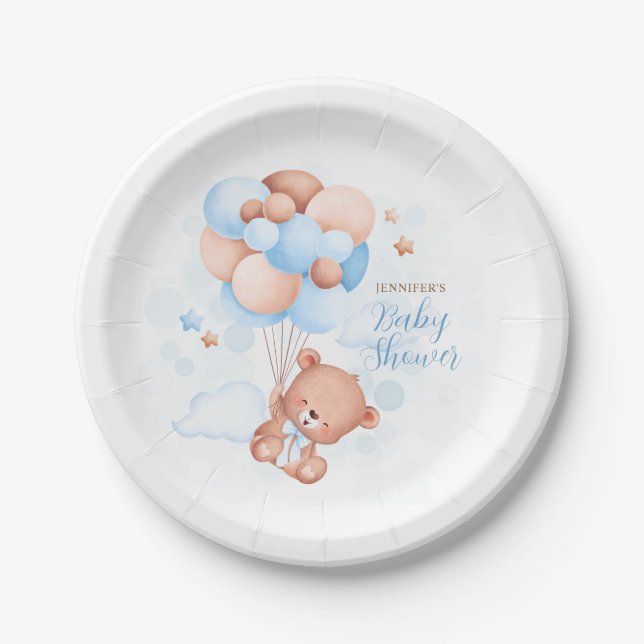 Watercolor Blue Balloons Teddy Bear Baby Shower Paper Plate (Front)