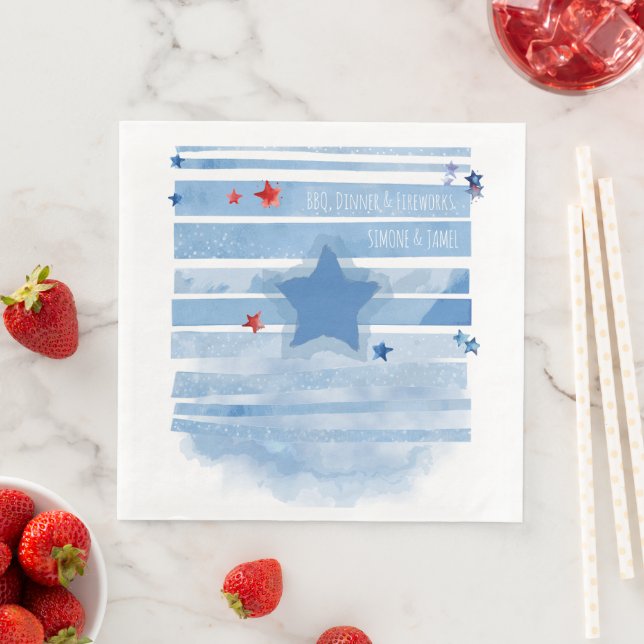 Watercolor Blue Bars with Splash and Stars Napkin (Insitu)