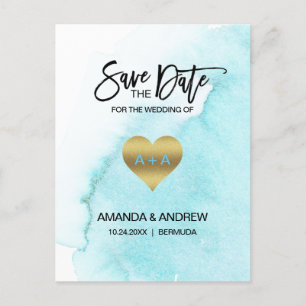 Watercolor Blue Beach Destination SAVE THE DATE Announcement Postcard