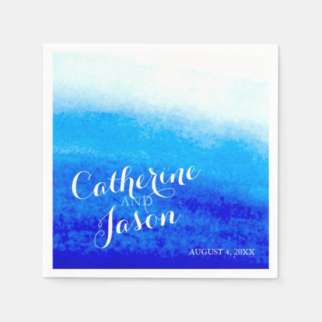 Watercolor Blue Beach Wedding Personalized Napkin (Front)