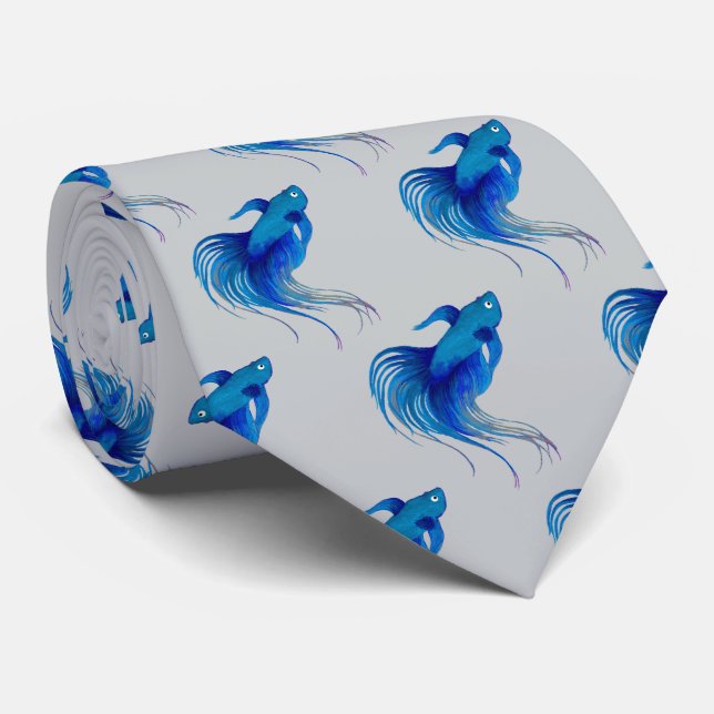 Watercolor Blue Betta Fish Tie (Rolled)
