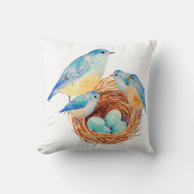 Watercolor Blue Bird Chicks Nest Pillow (Front)