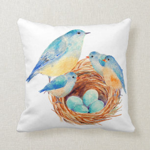 Watercolor Blue Bird Chicks Nest Pillow