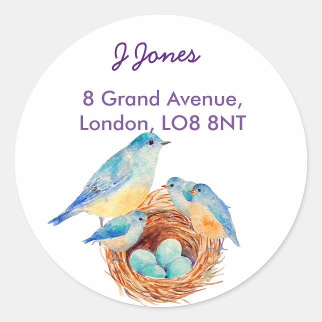 Watercolor Blue bird Family Address Label (Front)