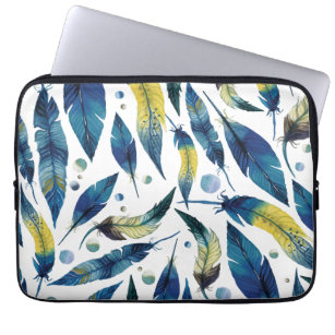Watercolor blue bird feathers pattern laptop sleeve