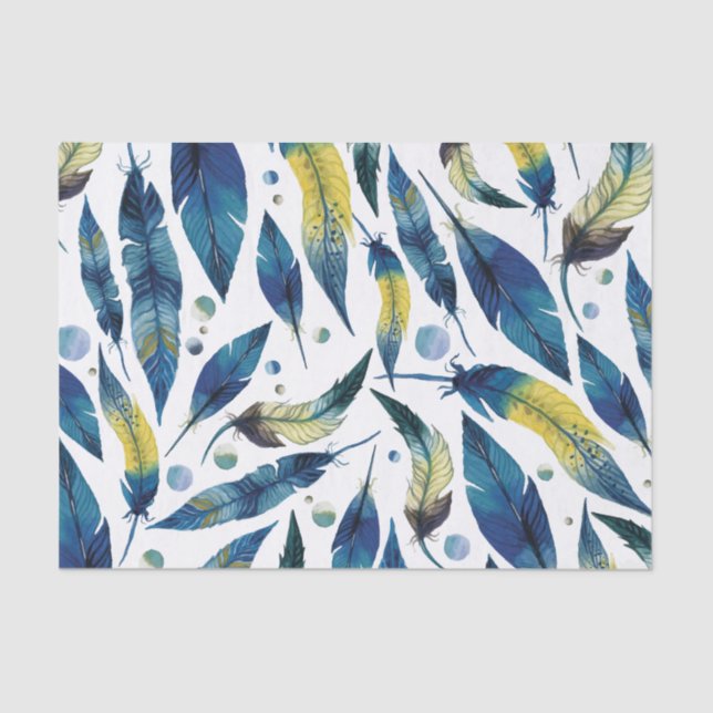 Watercolor blue bird feathers pattern tissue paper (Front)