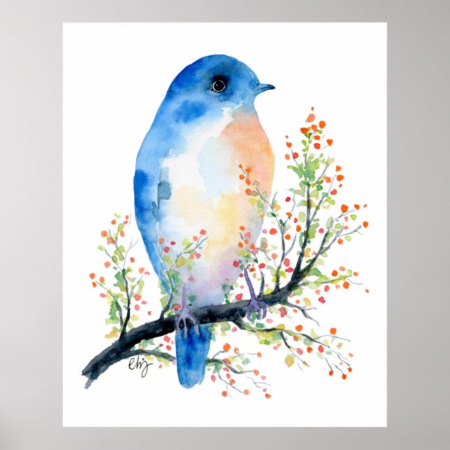 Watercolor Blue Bird on Berry Branch Poster (Front)