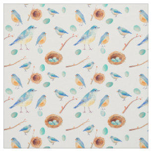 Watercolor Blue birds Chicks Nest Fabric