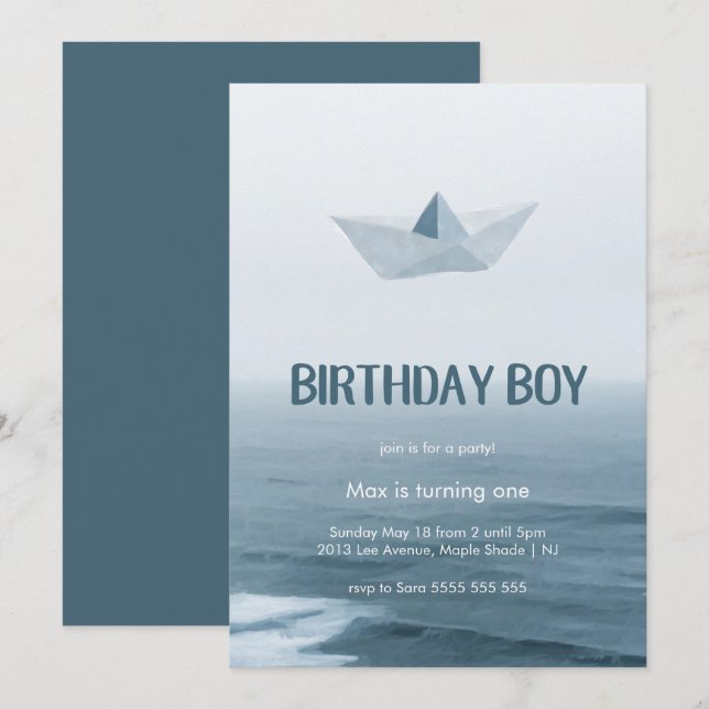 Watercolor Blue Boat Boy Birthday Party Invitation (Front/Back)