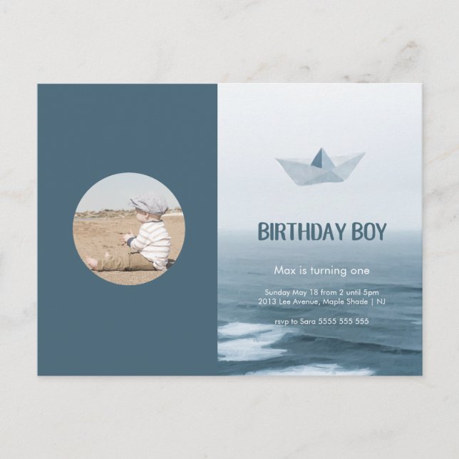 Watercolor Blue Boat Boy Birthday Party Invitation (Front)