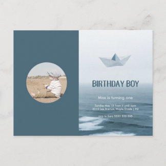 Watercolor Blue Boat Boy Birthday Party Invitation Postcard