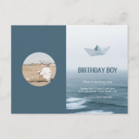 Watercolor Blue Boat Boy Birthday Party Invitation