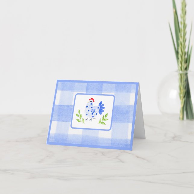 Watercolor Blue Border Blue Hen Check  Note Card (Front)