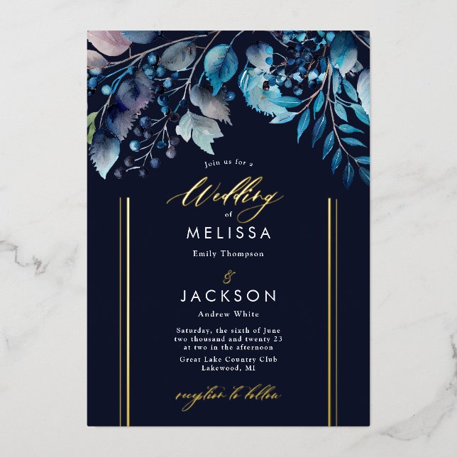 Watercolor Blue botanical branches Wedding Dark (Front)
