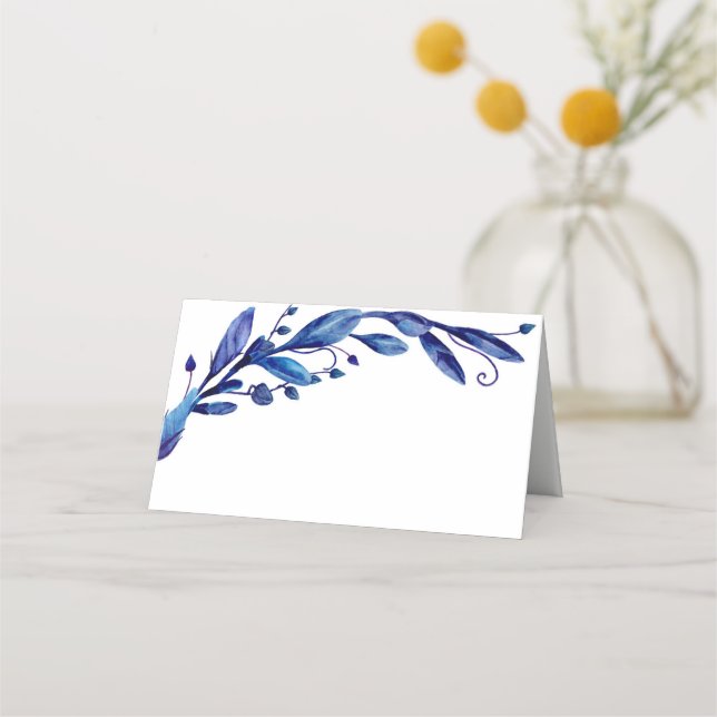 Watercolor blue botanical wedding. Floral foliage Place Card (Front)