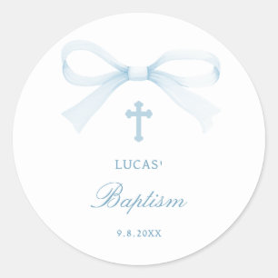 Watercolor Blue Bow Baptism Classic Round Sticker