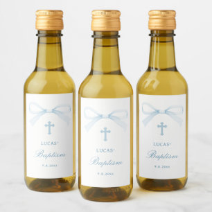 Watercolor Blue Bow Baptism Small Wine Label