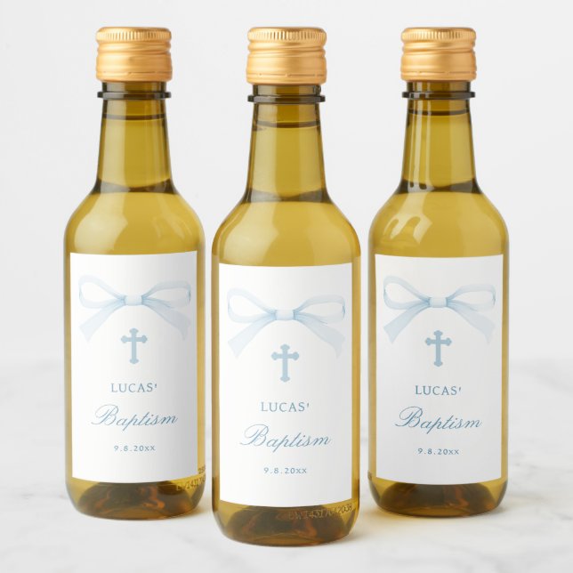 Watercolor Blue Bow Baptism Small Wine Label (Bottles)