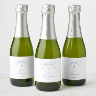 Watercolor Blue Bow Baptism Sparkling Wine Label