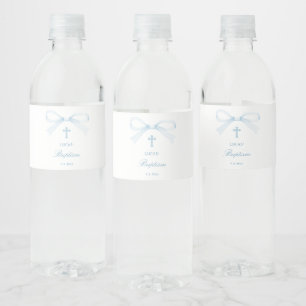 Watercolor Blue Bow Baptism Water Bottle Label