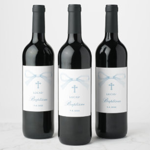 Watercolor Blue Bow Baptism Wine Label