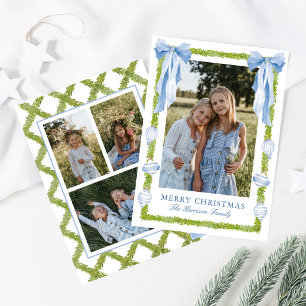 Watercolor Blue Bow Garland Christmas Photo Holiday Card