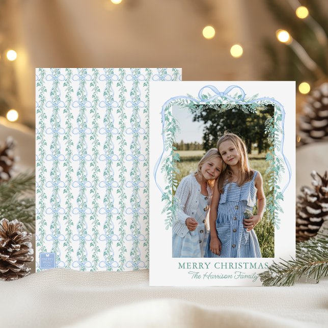 Watercolor Blue Bow Garland Christmas Photo Holiday Card (Creator Uploaded)
