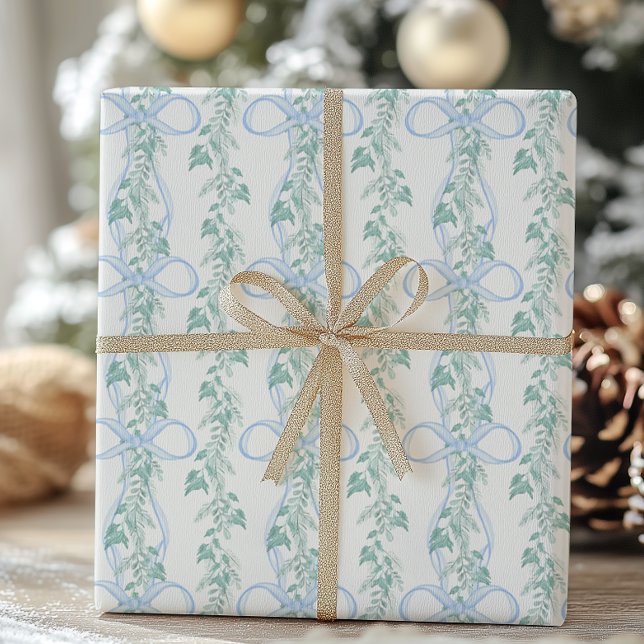 Watercolor Blue Bow Garland Christmas Wrapping Paper (Creator Uploaded)