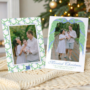 Watercolor Blue Bow Garland Swag Photo Holiday Card