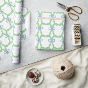 Watercolor Blue Bow Garland Swag Photo Wrapping Paper
