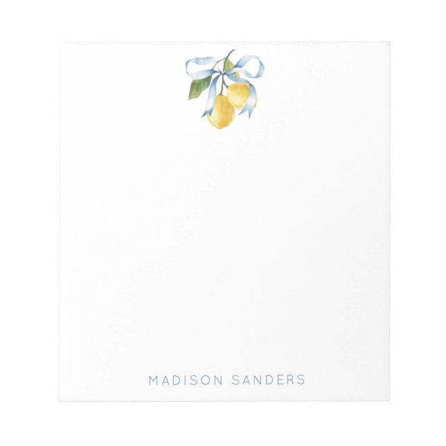 Watercolor Blue Bow Lemons Personalized Notepad (Front)