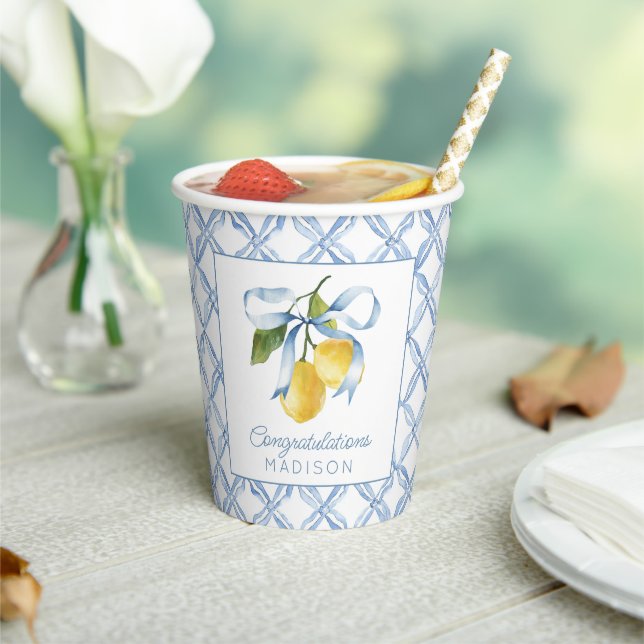 Watercolor Blue Bow Lemons Personalized Paper Cups (Insitu)