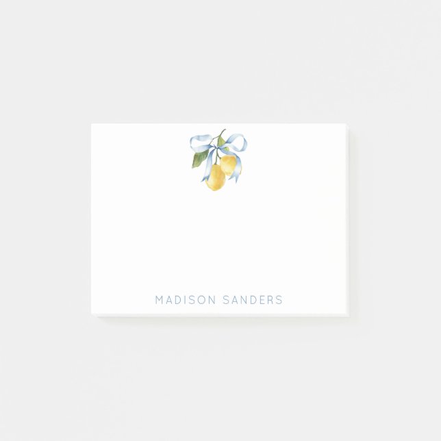 Watercolor Blue Bow Lemons Personalized Post-it Notes (Front)