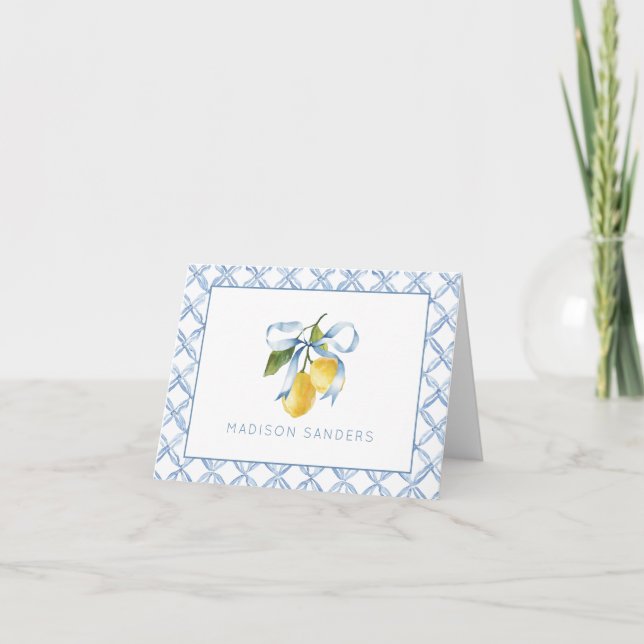 Watercolor Blue Bow Lemons Personalized Thank You Card (Front)