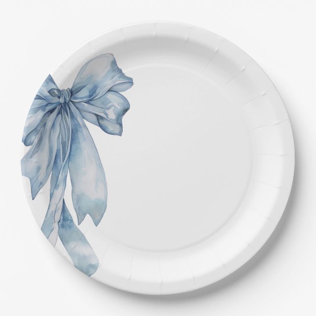 Watercolor Blue Bow  Paper Plates (Front)