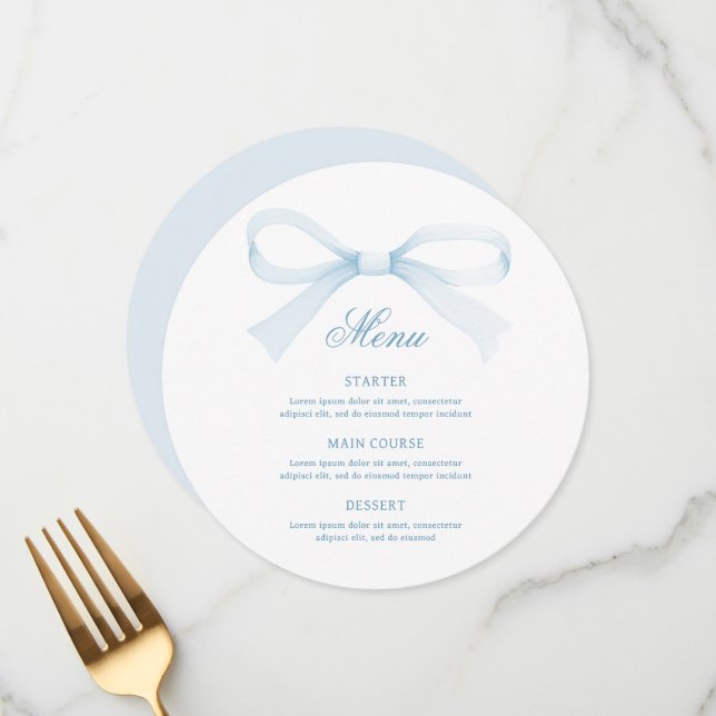 Watercolor Blue Bow Round Menu (Devant/Arrière en situation)