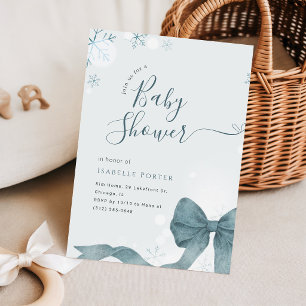Watercolor Blue Bow Snowflake Baby Shower Invitation