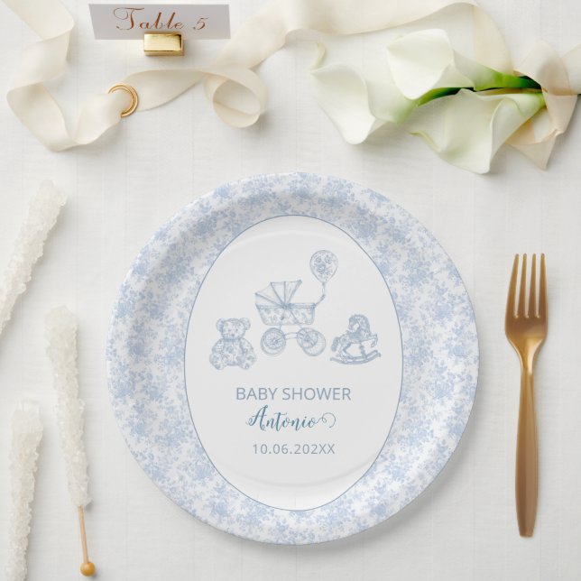   Watercolor  Blue Bow Toys Boy baby shower Paper Plate (Wedding)