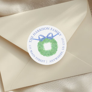 Watercolor Blue Bow Wreath Return Address Classic Round Sticker