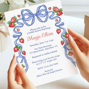 Watercolor Blue Bows & Red Strawberries Party Invitation