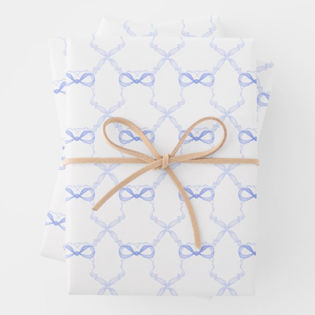 Watercolor Blue Bows Wrapping Paper Sheet (In situ)