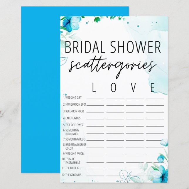 Watercolor Blue Bridal Shower Scattergories Game  (Front/Back)