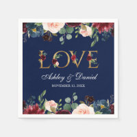 Watercolor Blue Burgundy Floral Gold Love Wedding